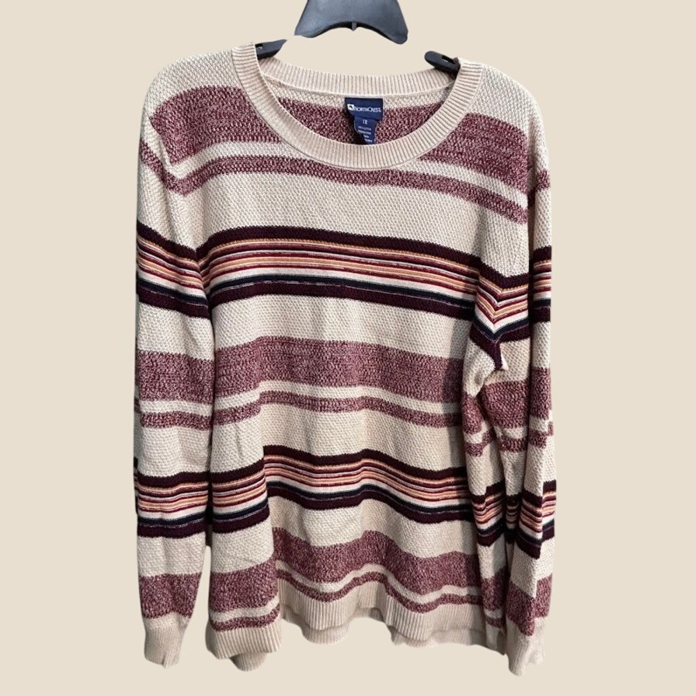 NorthCrest Womens 1X Burgundy Cream Striped 100% Cotton Textured Knit Sweater